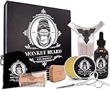 MONKEYBEARD® Bartpflege Set (9-teilig): Bart Set mit Balsam (60g) & Bartöl (60ml), Bürste, Schere, Kamm, Schablone I Bartpflegeset Für Männer Inkl. Schürze & Tragebeutel - Bartpflege Herren
