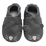 Bemesu Baby Krabbelschuhe Baby Lauflernschuhe Lederpuschen Kinder Hausschuhe aus weichem Leder Mädchen Schuhe Jungen Schuhe Grau Mäuschen(S, EU 18-19)
