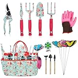 Gartenwerkzeug Set, 16 Stück Blumen Gartengeräte Set Garten-Handwerkzeug-Geschenkset，Gartengeschenke für Frauen und Männer, mit Gartenschere und Aufbewahrungstasche，Garten Zubehör Geschenk