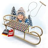 BAMBINIWELT Hörnerrodel 120 cm Regenbogendesign - Holzschlitten aus massivem Buchenholz - Hörnerschlitten mit Rückenlehne, Buntem Gurtsitz, Zugseil & Stahlkufen