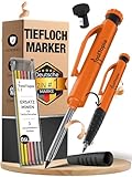 Tieflochmarker Bleistift Profi– Markierstifte Baustelle inkl. Köcher + 6 Ersatz minen + Spitzer, Perfekt als Bohrlochmarker & Baustellen oder Handwerker Bleistift, Robuster Zimmermannsbleistift Orange