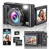 4K 64MP Digitalkamera mit WLAN, 16X Digitalzoom, 180° Flip Screen Autofokus Vlogging Fotoapparat mit Selfie, WiFi Kompaktkamera mit 32GB Karte 2 Batterien für Anfänger