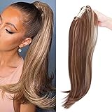 55 cm Kralle an Pferdeschwanz Extensions Lockig Clip in Ponytail Wavy Curly Synthetik Haare Extensions Haarverlängerung Zopf Haarteil Ponytail für Frauen Hellbraun & Aschblond