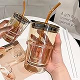 SciFiVisi 2 Stück 450ml Glasbecher mit Auslaufsicher Deckel & Strohhalm & Bürste, Glas Smoothie Becher, Kaffeebecher, Eiskaffee Becher, Glas Bubble Tea Becher, Trinkglas für Heiße/Kalte Getränke