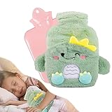 Wärmflasche Kinder,Wärmflasche mit Bezug Flauschig, Wärmflasche mit Bezug Flauschig, Abnehmbare und Waschbare Wärmflasche,Premium Wärmflasche für Kinder, Babys (Green Dinosaur)