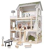 XXL Puppenhaus aus Holz mit LED Beleuchtung | Große Puppenstube mit Möbeln und Zubhör | 3 Etagen + Balkon | Spielset für Kinder Mädchen Jungs | Traumhaus für Puppen | Großes Dollhouse Kit Set