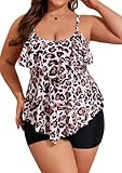 B2prity Tankini-Badeanzug für Damen, Übergröße, Bauchkontrolle, zweiteilig, gerüscht, Volant, Bademode mit Shorts, Leopard, XL
