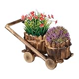 Relaxdays Pflanzwagen mit 2 Blumentöpfen, Blumenwagen zum Bepflanzen, HBT: 19x17,5x37 cm, Pflanzkarre aus Holz, braun