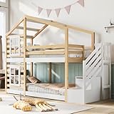 FEZTOY Hochbett mit Treppe & Schubladen, Etagenbett Stockbett für 2 Kinder mit Rausfallschutz und 2 Lattenrost, Massivholz Kinderbett, Jugendbett, Doppelbett Hausbett, 90x200