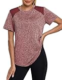 Terecey Sportshirt Damen Kurzarm Fitness T-Shirt Yoga Shirt Lang Sommer Funktionsshirt Atmungsaktives Sport Tshirt Trainingsshirt Laufshirt für Wandern Trekking Gym Yoga Sporttops Weinrot XXL