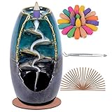 SPACEKEEPER Rückfluss Räuchergefäß Halter Wasserfall, Keramik Aromatherapie Ornament Wohnkultur Räucherstäbchenhalter mit 120 Rückfluss Räucherkegel + 30 Räucherstäbchen, Blau