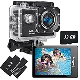 Jadfezy Action Cam FHD 1080P mit 32GB Karte, Unterwasserkamera wasserdicht bis 30M, 140 Grad Weitwinkel Action Kamera mit Zwei 900 mAh wiederaufladbare Akkus und Zubehör-Set