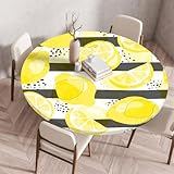 Morbuy 3D Rund Tischdecke Elastisch, Gartentischdecke Schmutzabweisend Abwischbar Tischtuch für Dekoration Küchentisch Kaffee Restaurant Garten -Zitron Blatt (Schwarz Streifen,140cm)