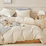 Sedefen Seersucker Bettwäsche 135x200cm Beige Creme Unifarben Mädchen Wende Bettwäsche Set Weiche Bettbezug 135x200cm und 1 Kissenbezüge 80x80cm mit Reißverschluss