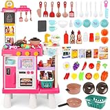 deAO Kinderküche Spielküche mit Wasserfunktion & Dampf, 54 Stck. Höhenverstellbar Küchenspielset mit Licht, Sound, Küche Kinder Beidseitig Bespielbar mit Zubehör & Spüle für Kinder ab 3 Jahren | Rosa