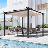 EROMMY Versenkbarer Pergola 3x3m,wasserdicht und sonnensicher,stabil und kältefest,Metall,freistehende Terrassenüberdachung,für Garten Terrasse & Balkon,Beige