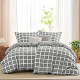 WAVVE Bettwäsche 135x200 4teilig Bettbezug Mikrofaser Bettwäsche-Sets 135 x 200 cm 2er Set mit 2 Kissenbezüge 80x80cm, ÖKO-TEX, Wendebettwäsche Bedding Grau Karomuster Muster mit Reißverschluss