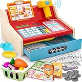 Kinderkasse Holz-Registrierkasse mit Scanner & Sound für Kinder 3-5 Jahre, Spielzeug Kasse mit Scanner/Spielgeld/Münzen/EC-Karte/Einkaufskorb/Zubehör, kaufladen zubehör Idee (Blaue)