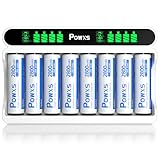 POWXS Batterie Ladegerät mit AA Akku 2800mAh 8 Stück, 8-Ladeplatz Akku Ladegerät mit LCD Anzeige, 8 Wiederaufladbare Akku AA, Schnell Akkuladegerät für NI-MH NI-CD AA/AAA Akkus USB & Typ-C Eingang