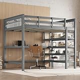RIAZOS Kinderbett 140x200 cm, Hochbett mit Schreibtisch, Etagenbett mit Ablagefächern, Spielbett für Kinder Jugendbett Stockbett, Bettrahmen für Teenager und Erwachsene, Grau