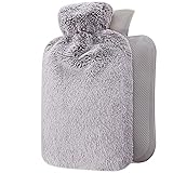 Wärmflasche mit weichem Bezug 2l - Wärmeflasche groß 2 liter flauschig - Bettflasche für Kinder und Erwachsene - Warmflasche mit flauschig Bezug - Geschenke für Frauen (Light Grey)