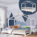 Bellabino Bia Kinderbett 90x200 cm – Hausbett ausziehbar auf 180x200 cm mit Lattenrost – Montessori Kinder Bett aus Massivholz Kiefer – Bett für Jungen und Mädchen in Weiß inkl. Ausziehbett