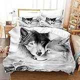 CXYXHW Bettwäsche-Set Wolf 3D Tier Serie Print Musterdesign mit Reißverschluss,Motiv Wolf dreiteiliger Bettbezug Set Microfaser (A, 135x200cm)