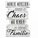 Bada Bing Holz Planken Schild Bild Familie Chaos schwarz weiß 29 x 20 cm DIN A4 - Wandschild Holzbilder Spruch Vintage Wandbild Geschenk Deko für Wohnzimmer
