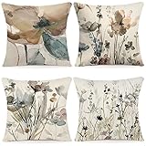 YCOLL Blumen Kissenbezug 40x40 4er Set Kissenhülle Leinen Sofakissen Moderne Abstrakte Blumen Aquarellmalerei Dekokissen für Sofa Schlafzimmer Couch Outdoor Kissenbezüge 40x40 A090
