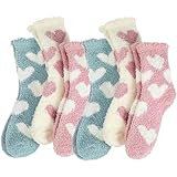 6 Paar Herbst Winter Socken, Warme Flauschige Socken Kuschelsocken Damen Weiche Wintersocken aus Korallenfleece Elastizität Schlafsocken Haussocken Für Winter, Weihnachten (Herz-Muster)
