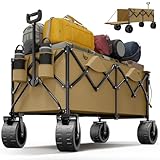 Devoko 260L Bollerwagen Faltbar 180KG Belastbar mit Große Breiten Rädern und Bremse, Großer Camping Wagen für Strand mit Verstellbarem Griff und Netz-Becherhalter, Yellow