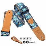 Nefelibata Gitarrengurt,2 'Doppelte Lederenden,Vintage Woven W/FREE BONUS-4 Picks+Strap Locks+Strap Button,Bestes Geschenk für Bass,Elektro&Akustik Gitarren für Gitarre(Vintage blau gelb Stickerei)