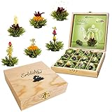 Creano Teeblumen Geschenkset in Teekiste aus Holz, 12 Erblühtee in 6 Sorten grüner Tee fruchtig aromatisiert, Fruity Flavor, Teerosen Tee Geschenk für Frauen