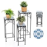 COSTWAY Blumenständer Mosaik 3er Set, Blumenhocker Garten Quadratisch, Blumentreppe Metall, Gartentisch Beistelltisch Mosaiktisch, Pflanzenständer Pflanzenhocker, Terrasse Balkon, Blau, 28/23/18cm