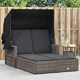 QJBSAVVA Doppelliege Grau PE Rattan mit Verstellbarer Rückenlehne und ausziehbaren Sonnendach 110 x 201 cm Bequeme Gartenliege für Balkon Terrasse und Strand
