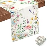 Mode Gänseblümchen Tischläufer Frühling, Leinen Tischläufer Frühling Modern, Tischläufer Blumen für Hochzeit Küche Draußen Urlaub Party Wohnzimmer Tischdeko (33 x 120 cm)