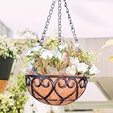 Blumenampel mit Auskleidung, Harz Hängekörbe für Pflanzen, Hängetöpfe mit Kokosnuss Palmeinsatz, Outdoor Rund Blumenhalter für Terrasse Rasen Garten