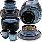 SÄNGER Osaka | Kombiservice 6 Personen, Teller Set Kaffeebecher Pastaschale 30 tlg, Steingut Geschirr Set spülmaschinen- mikrowellen- kratzfest, Geschirrset blau mit schwarzem Rand | VALUE COLLECTION