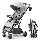 Bombi Bebee V2 leichter Kinderwagen – erstklassiges veganes Leder, einhändig faltbar, unendliche Neigung, Rahmen aus Flugzeugaluminium, XXL-Baldachin und reichlich Stauraum – Steingrau