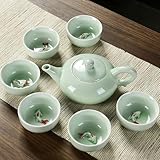 Chinesisch Kung Fu Teeservice, Koi Keramik Teekanne Set,Japanische Teetasse Handgemachte Porzellan Teekanne und 6 Teetassen Set Tee-Liebhaber Tee Set (Hellgrün, Ökobox)