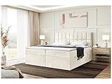 MEBLINI Boxspringbett mit Bettkasten - Gepolstert Doppelbett mit Matratze und Topper - Polsterbett mit Stauraum - Bett mit Kopfteil - Stauraumbett - Lukas - 180x200 - H3/Creme Samt