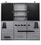 Ondis24 Werkstatt-Wandschrank Joku Werkzeugschrank Schwarz mit 2 Fachböden Lochwand Grau inkl. 50 teiliges Hakensortiment 120 cm
