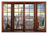 Fototapete Fenster New York 3D EFFEKT Stadt Fensterblick Ausblick Wohnzimmer Schlafzimmer Vlies Tapete inkl. Kleister Wandtapete UV-Beständig Montagefertig (368x254 cm - 4 Bahnen)