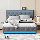 Doppelbett 180x200 cm mit LED-Beleuchtung und USB, Doppelbett Stauraumbett mit 4 Schubladen und verstellbarem Kopfteil, Jugendbett Funktionsbett mit Lattenrost, Leinenstoff, Grau (180x200cm)
