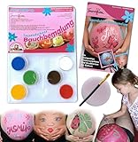 Tausendschön Bellypainting Komplett-Set, Bauchbemalung Set mit Vorlagenheft, Schwamm, Pinsel, abwaschbare Schminkfarben, Deutscher Hersteller