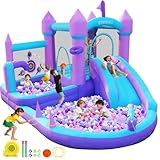 GYMMALL Aufblasbare Hüpfburg für Kinder von 3-8 Jahren, Lila Traumhaus mit Wasserrutsche und 480W Gebläse, Große Hüpfburg mit Sprungfläche, Bällebad, Pool, Ringwurf und Basketballkörben