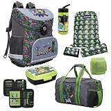 Familando Minecraft Schulranzen Set mit Brotdose, Trinkflasche und großer Sporttasche - Ergonomisch, Leicht, Robust, 17 Liter Volumen, 1,2 kG, wasserdichter Boden - Schultasche Jungen 1. Klasse