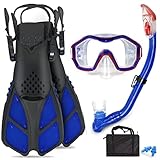AosDero Kinder-Schnorchel-Set mit Schwimmflossen + Panorama-Schnorchelmaske + Dry Top Schnorchel + Ohrstöpsel + Ausrüstungstasche, Schnorchelausrüstung für Kinder, Jugendliche, Jungen und Mädchen,