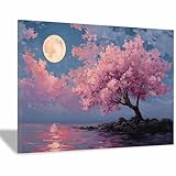 CUDAOO Leinwandbilder Berge Landschaft Natur,Moderne Panorama Bilder Kirschblüten im Mondschein für Wohnzimmer Schlafzimmer Galerie(Rosa.)-70x100cm Gerahmt