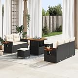 ZQQLVOO 8-teiliges Garten-Sofa-Set aus schwarzem Poly-Rattan mit cremeweißen Kissen, Outdoor-Möbel für Terrasse oder Balkon, modular und flexibel konfigurierbar, wetterfest